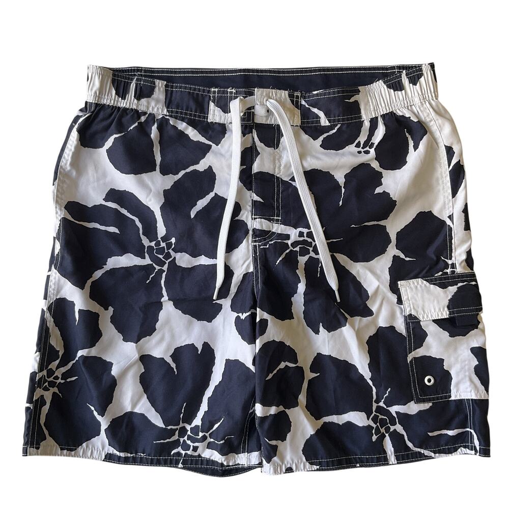 Breakwater Men Swimwear M Navy Swim Trunks Floral Button Grommet 8" Inseam